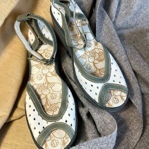 Fly London Leather Wedge Sandal. Green and white. EU40 $55